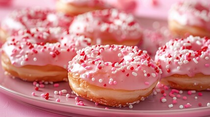 Wall Mural - A tantalizing close up shot of Valentine s donuts adorned with sugary sprinkles and icing against a pretty pink backdrop