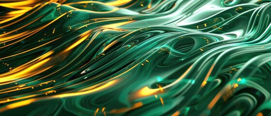 Wall Mural - wave 3d forest green gold mint glowing abstract background with a dynamic wave big data visualization 3d rendering
