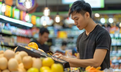 Wall Mural - A man in a grocery store checking out his items. AI.