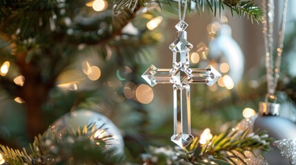 Wall Mural - The shimmering Crystal Cross gracing the Christmas tree serves as a poignant backdrop for the online worship during Sunday service providing a visual anchor for the livestreamed moments of w