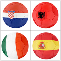 group b soccer balls with croatia, spain, albania and italy team flag isolated on white