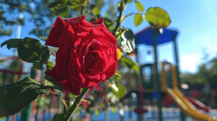 Wall Mural - A stunning red rose blooms beautifully in the sunlight against the backdrop of a playground with vibrant green leaves set against a clear blue summer sky The red rose captivates with its la