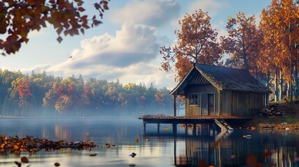 Wall Mural - A small cabin sits on the shore of a lake.