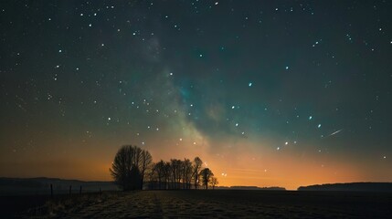 A night sky with stars and trees.