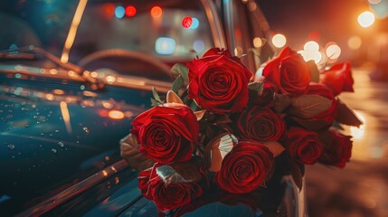 Wall Mural - Surprise your loved one with the timeless elegance of red roses blooming in your car a romantic gesture that captures the essence of Valentine s Day Enhanced with a vintage retro feel remin
