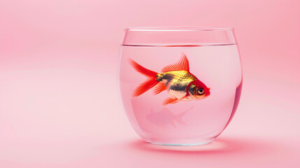 Wall Mural - A straightforward, minimalist shot of a single goldfish in a clear jar, viewed at eye level. The background is a soft pastel pink, providing a calm and clean aesthetic. Lighting is diffused