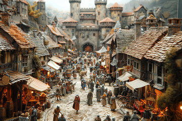 Wall Mural - A diorama of a medieval village, complete with thatched-roof cottages, bustling market stalls, and a towering castle. Concept of historical reenactment. Generative Ai.