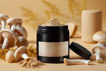 Poster - A product shot of a mushroom supplement powder in a tub with a blank label