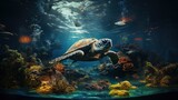 Majestic Underwater Scene with a Giant Sea Turtle Swimming Over Vibrant Coral Reefs