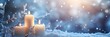 © gunzexx png and bg - Three candles burn brightly amidst frost-covered branches, capturing the tranquil essence of a winter's eve with falling snowflakes