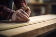 © alisaaa - Close up of unrecognizable carpenter drawing measurements on a wood. Close up of male carpenter drawing measurements on a wood plank in a workshop