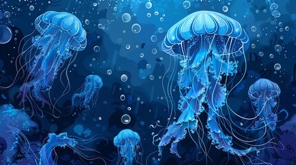 Glowing jellyfish floating in the deep sea