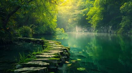 Wall Mural - A stone path leads into a green forest.