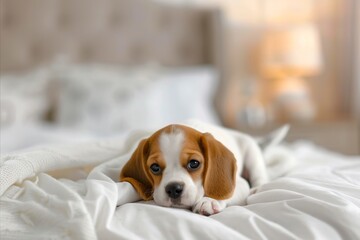 A puppy laying on a bed with white sheets.