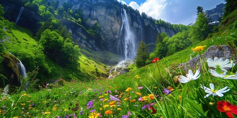 Wall Mural - A green landscape in Switzerland surrounded with colourful flowers and waterfalls