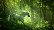 Magical Unicorn In A Green Forest For Fantasy Or Fairytale Themed Designs