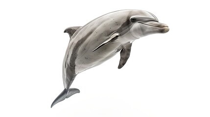 Wall Mural - Graceful Dolphin Mid-Jump Against a Clean White Background. Ideal for Educational and Marine Themes. Lifelike Detail, Perfect for Design. AI