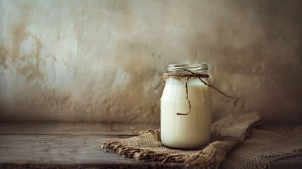 Wall Mural - Milk in a rustic glass jar on a wooden table for dairy product or farmhouse style design