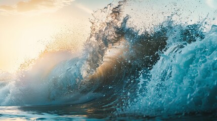 Wall Mural - Ocean wave crashing at sunset, a powerful and dynamic image of nature's beauty