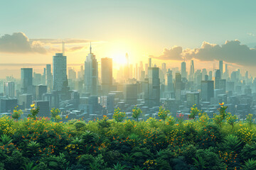 Wall Mural - A minimalist illustration of a green city skyline with rooftop gardens and solar panels, symbolizing sustainable urban development. Generative Ai.