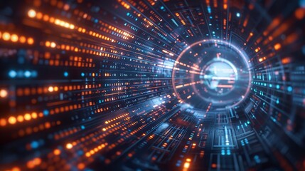 Magazine style visualization of binary code streaming across a futuristic interface