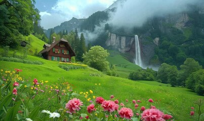 A green landscape in Switzerland surrounded with colourful flowers and waterfalls