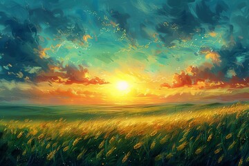 Wall Mural - Dreamy Field Bliss: Lofi Portrait of Whimsical Scene