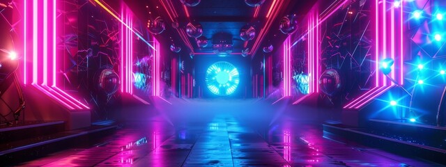Wall Mural - A dynamic, dance club background with neon lights and abstract patterns.