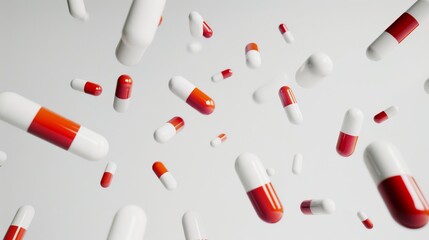 Red and white capsules falling on a white background for medical or pharmacy designs