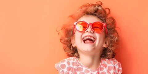 Joyful child laughing heartily wearing vibrant red heart-shaped glasses