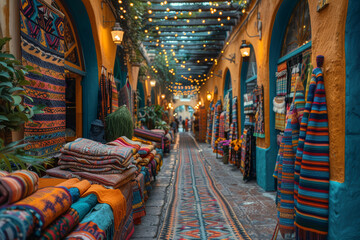 Canvas Print - A colorful market bustling with locals selling vibrant textiles, spices, and handicrafts unique to the region. Concept of cultural immersion and sensory exploration. Generative Ai.