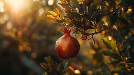 Ripe pomegranate on a branch in the autumn sunset