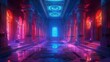 © Nawarit - A neon-lit secret society meeting in a Babylonian temple, blending ancient architecture with futuristic lighting