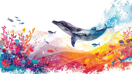 Wall Mural - A vibrant painting depicting a dolphin swimming gracefully in the vivid blue ocean waters, surrounded by colorful underwater plants and fish