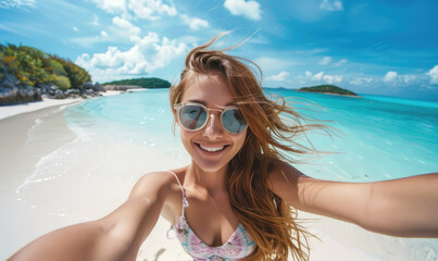 Wall Mural - Beautiful young woman is taking selfie resting on white sand beach