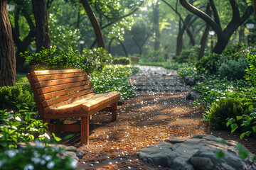 Canvas Print - A quiet park bench where people take breaks to enjoy the fresh air and greenery, escaping the hustle and bustle of city life. Concept of relaxation and nature appreciation. Generative Ai.