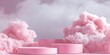 © Mariana - Background podium pink 3d product sky platform display cloud pastel scene render stand. Pink podium stage minimal abstract background beauty dreamy space studio pedestal smoke showcase geometric white