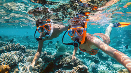 Wall Mural - Two individuals are snorkeling over vibrant coral reefs, exploring the underwater ecosystem