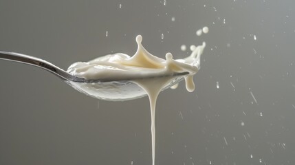Wall Mural - Spoon with dripping white cream for dairy product packaging design