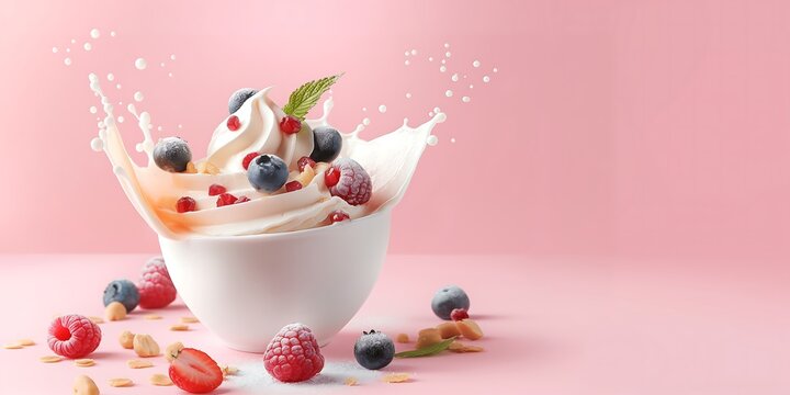 
Creative food template. Topping fruit berry nuts raspberry blueberry splashing dropping into a bowl Soft serve gelato yogurt ice cream with liquid droplet on pastel pink background. copy text space