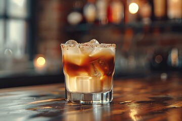 A horizontal image of a white russian cocktail in rocks glass in a bar