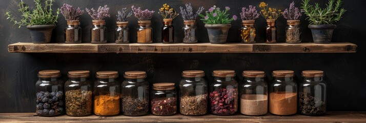 wooden shelves filled with herbal remedies, featuring alternative medicine theme with space for text