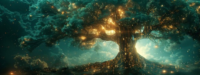 Wall Mural - a large tree with branches made of digital circuits, symbolizing the fusion of technology and nature