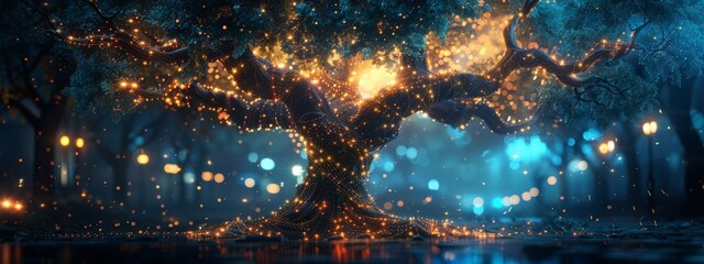 Wall Mural - a large tree with branches made of digital circuits, symbolizing the fusion of technology and nature