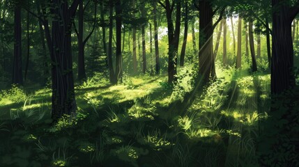 Wall Mural - Shadows and light intertwine, creating a symphony of contrast in a secluded forest glade.