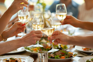 Sticker - Friends seated around a dinner table, raising their glasses in a toast to celebrate a milestone achievement. Concept of support and encouragement. Generative Ai.