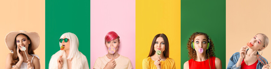 Wall Mural - Collage of many beautiful women with sweets on color background