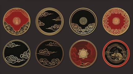 Wall Mural - Vector set of chinese round frames with oriental clouds. Asian art, border, knot for new year ornament. Japanese decorative patterns. Traditional vintage asian elements.