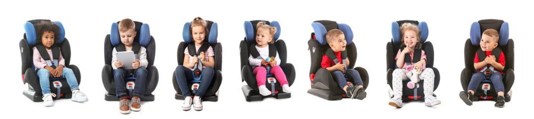 Sticker - Set of little children in car seats on white background