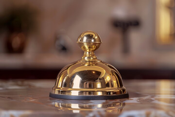 Wall Mural - A close-up of a polished brass bell on the reception desk, ready to be rung to summon assistance from attentive staff. Concept of guest communication and service. Generative Ai.